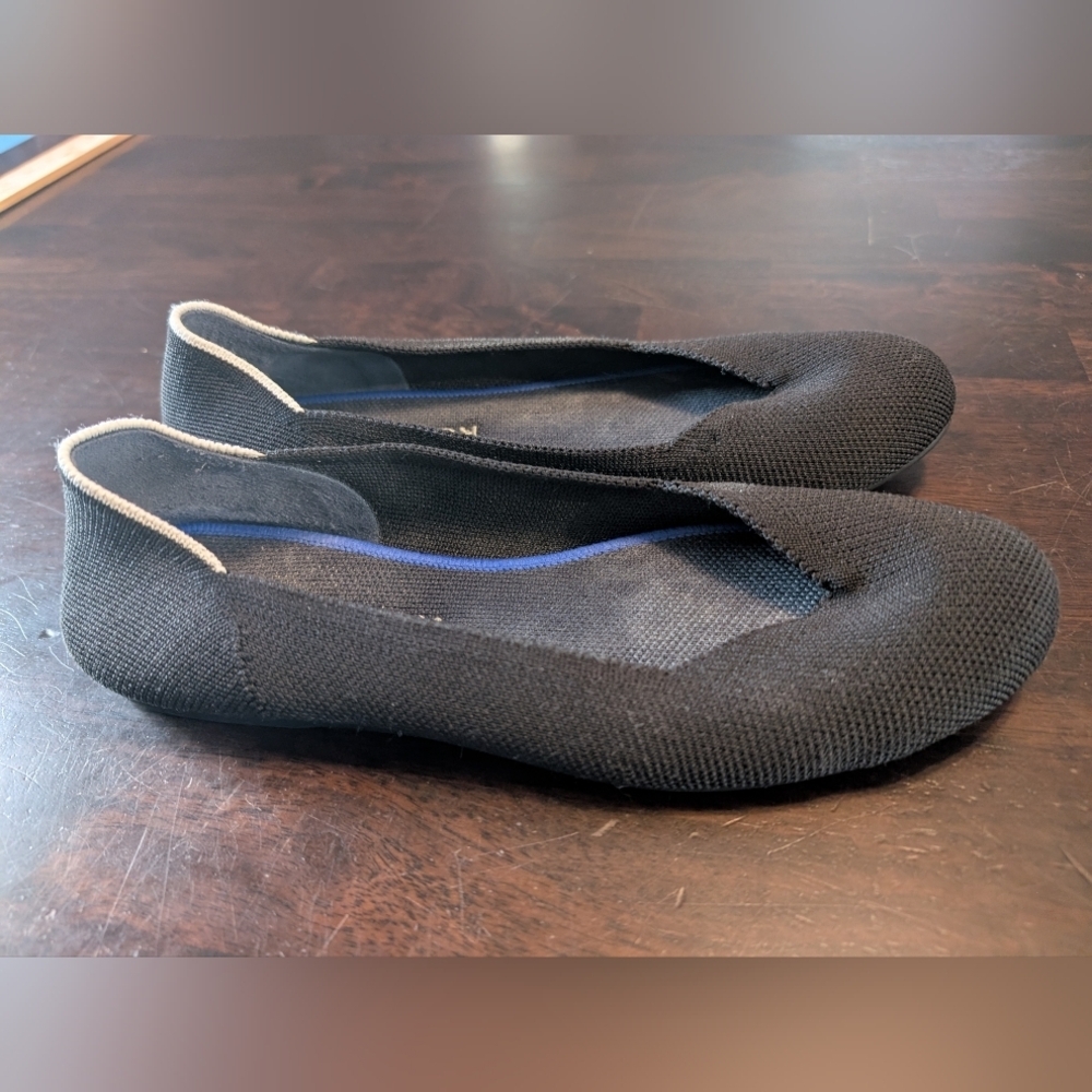 Rothy's Black "Round Toe" Flats with Blue/White Trim, Women's 9 - Picture 2 of 5